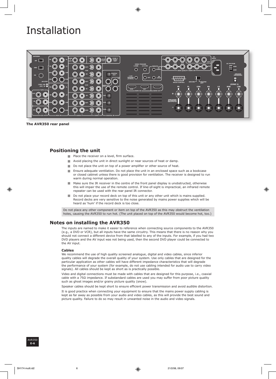 Installation, Positioning the unit, Cables | The avr350 rear panel, Place the receiver on a level, fi rm surface | Arcam AVR350 User Manual | Page 6 / 48