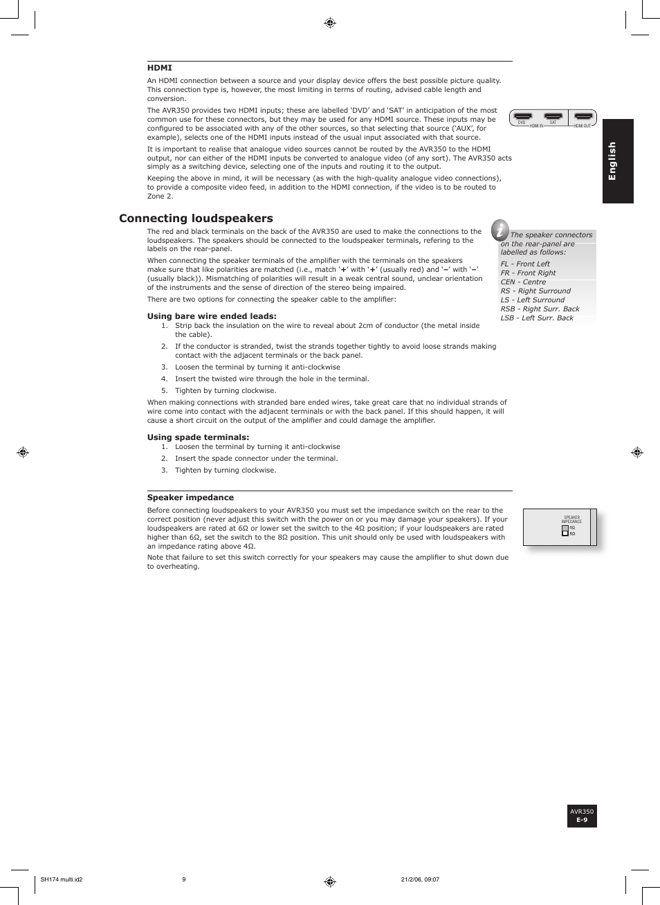 Connecting loudspeakers | Arcam AVR350 User Manual | Page 9 / 48