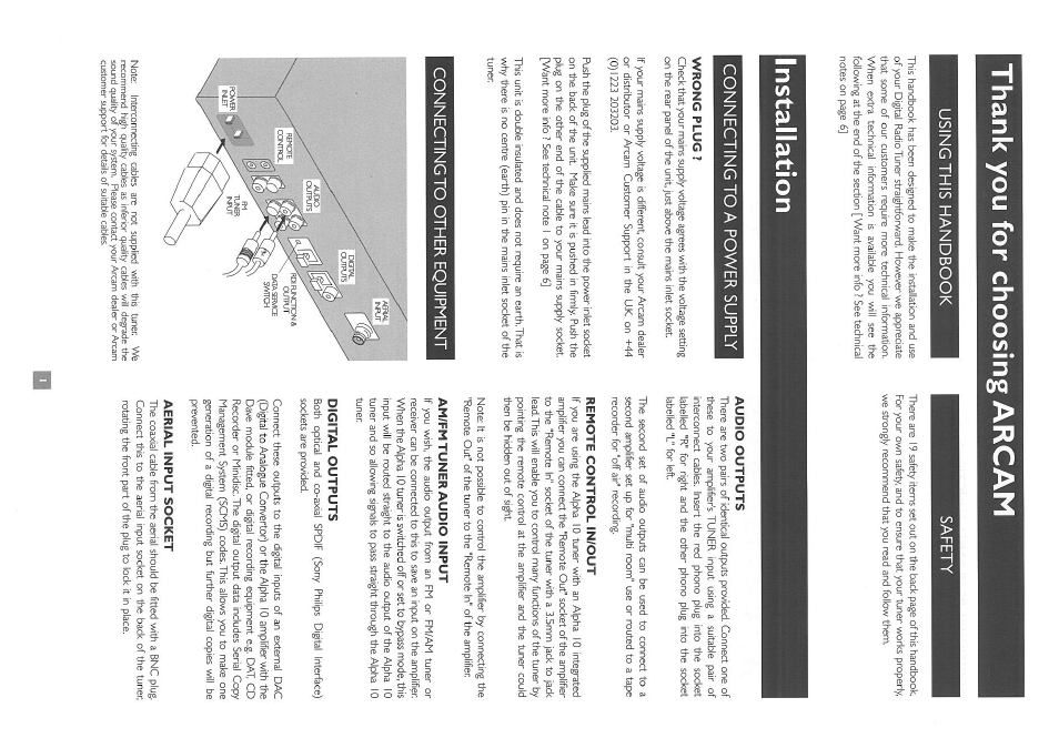 Thank you for choosing arcam, Installation, Using this handbook safety | Connecting to a power supply, Connecting to other equipment | Arcam Alpha 10 User Manual | Page 2 / 11