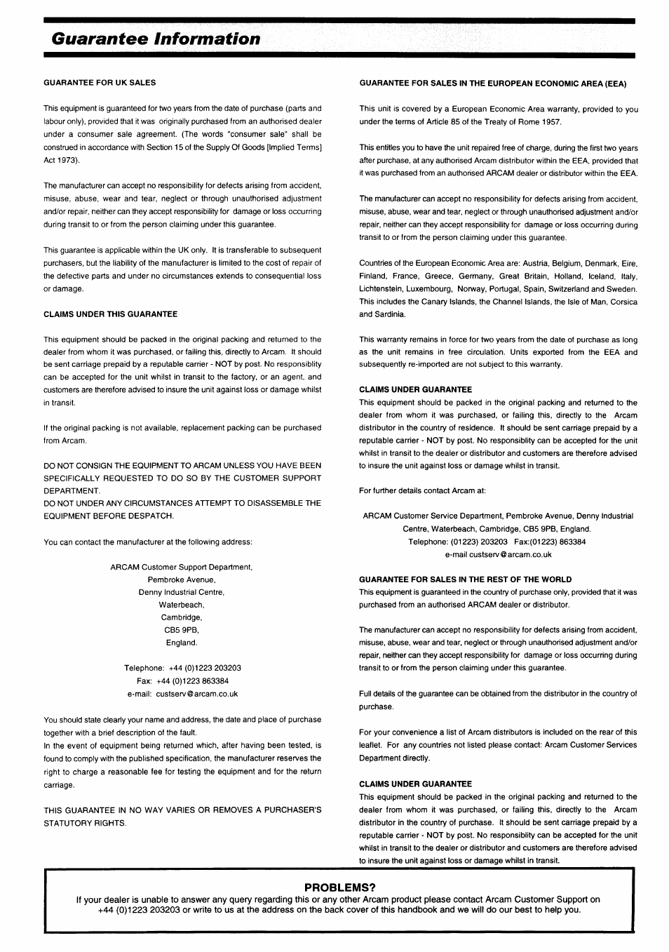 Guarantee information, Problems | Arcam Alpha 10/10P User Manual | Page 10 / 14