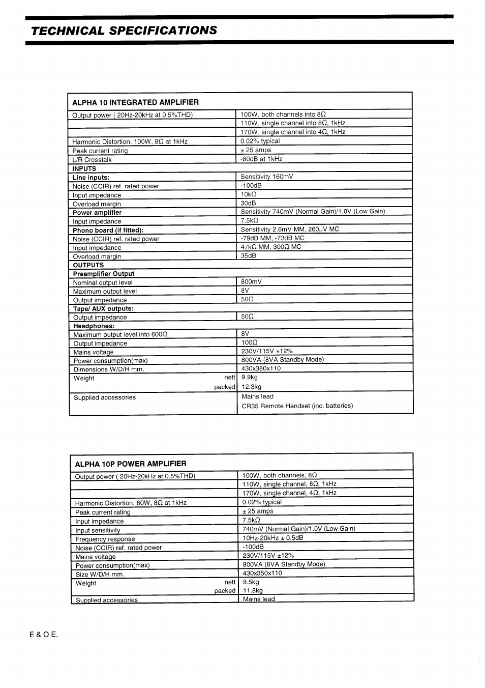 Technical specifications | Arcam Alpha 10/10P User Manual | Page 11 / 14