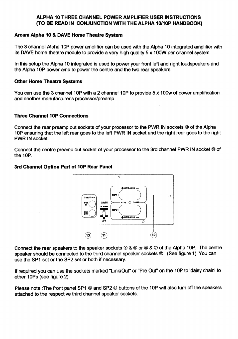 Arcam alpha 10 & dave home theatre system, Other home theatre systems, Three channel 10p connections | 3rd channel option part of 10p rear panel | Arcam Alpha 10/10P User Manual | Page 13 / 14