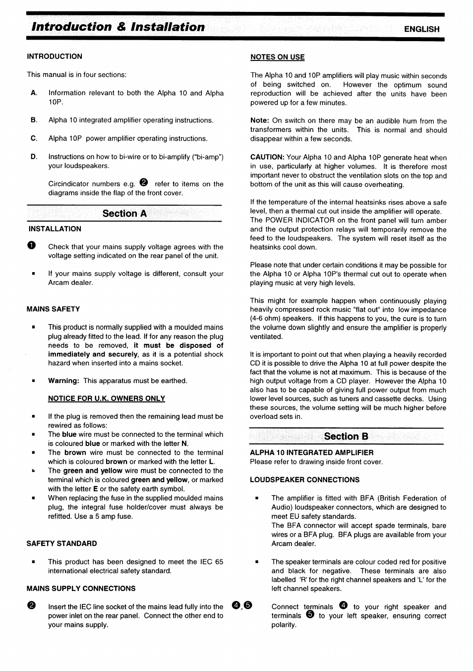 Notes on use, Section a, Installation | Mains safety, Notice for u.k. owners only, Safety standard, Section b, Alpha 10 integrated amplifier, Loudspeaker connections, Introduction & installation | Arcam Alpha 10/10P User Manual | Page 4 / 14