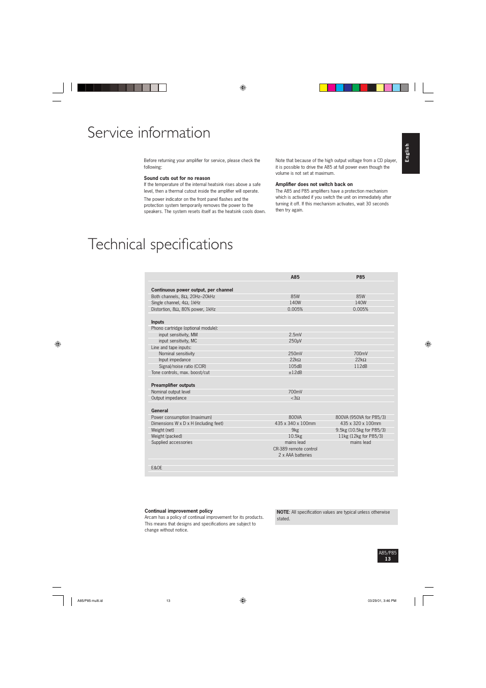Service information, Technical specifi cations | Arcam P85 User Manual | Page 13 / 14