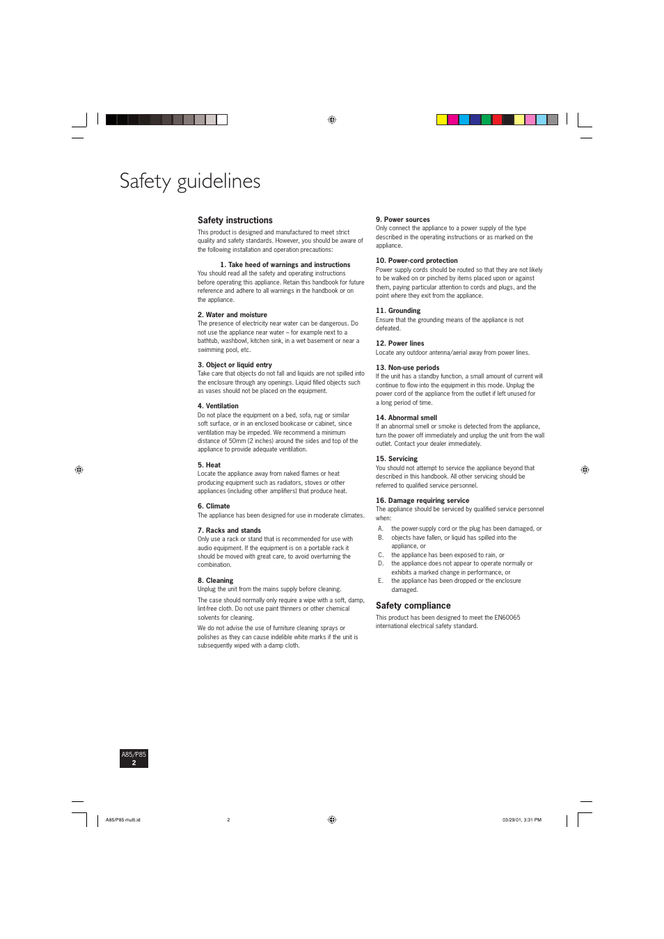 Safety guidelines | Arcam P85 User Manual | Page 2 / 14