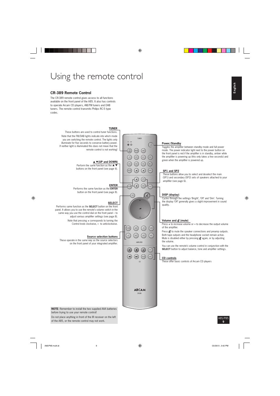 Using the remote control, Cr-389 remote control | Arcam P85 User Manual | Page 9 / 14