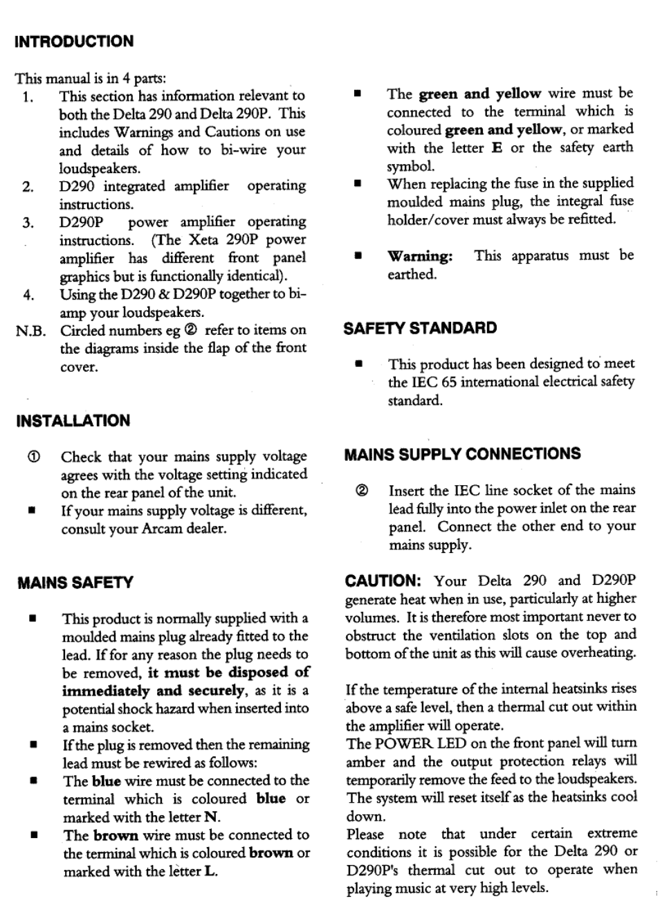 Introduction, Installation, Mains safety | Safety standard, Mains supply connections | Arcam Delta 290P User Manual | Page 3 / 11