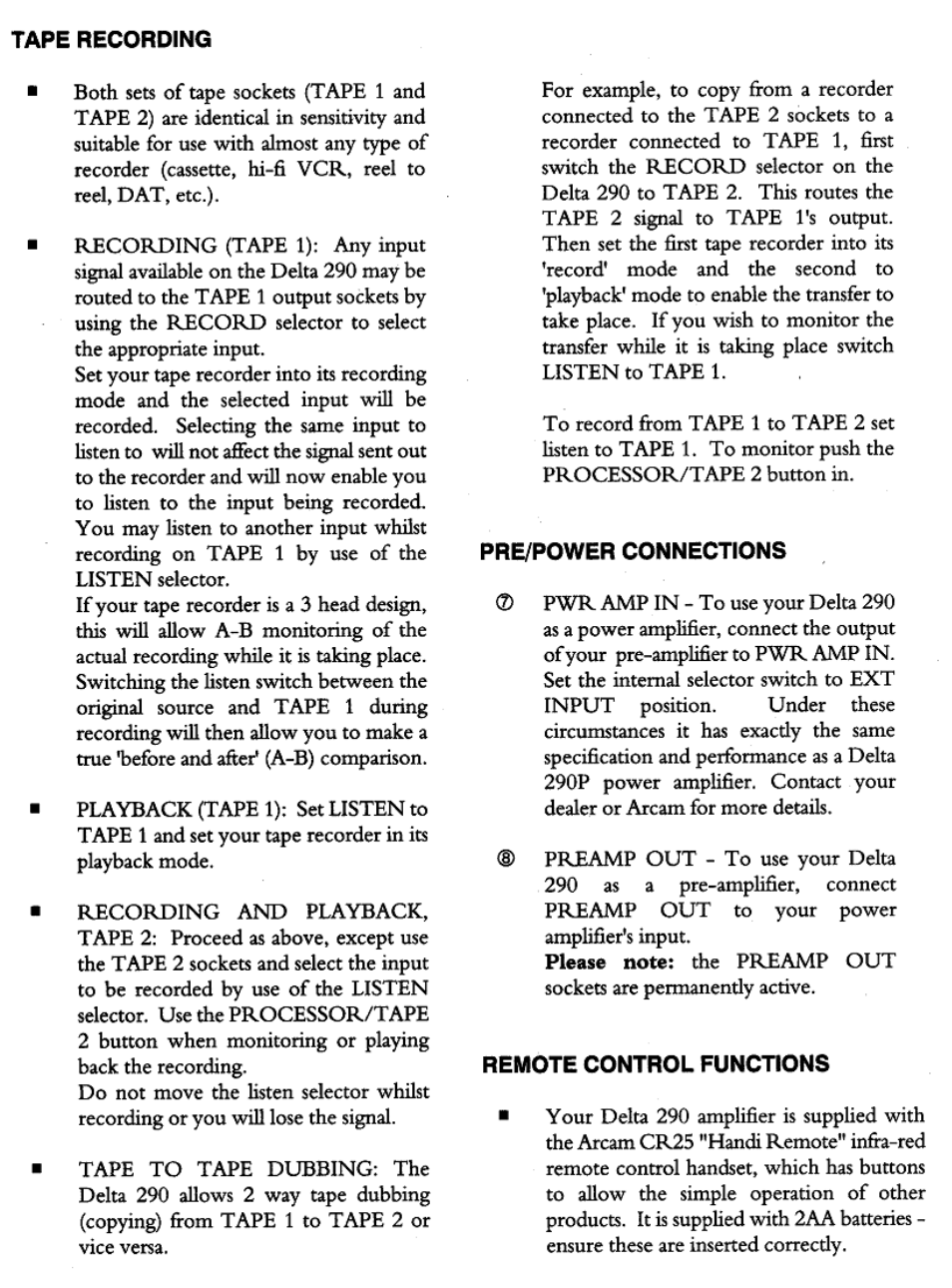 Tape recording | Arcam Delta 290P User Manual | Page 6 / 11
