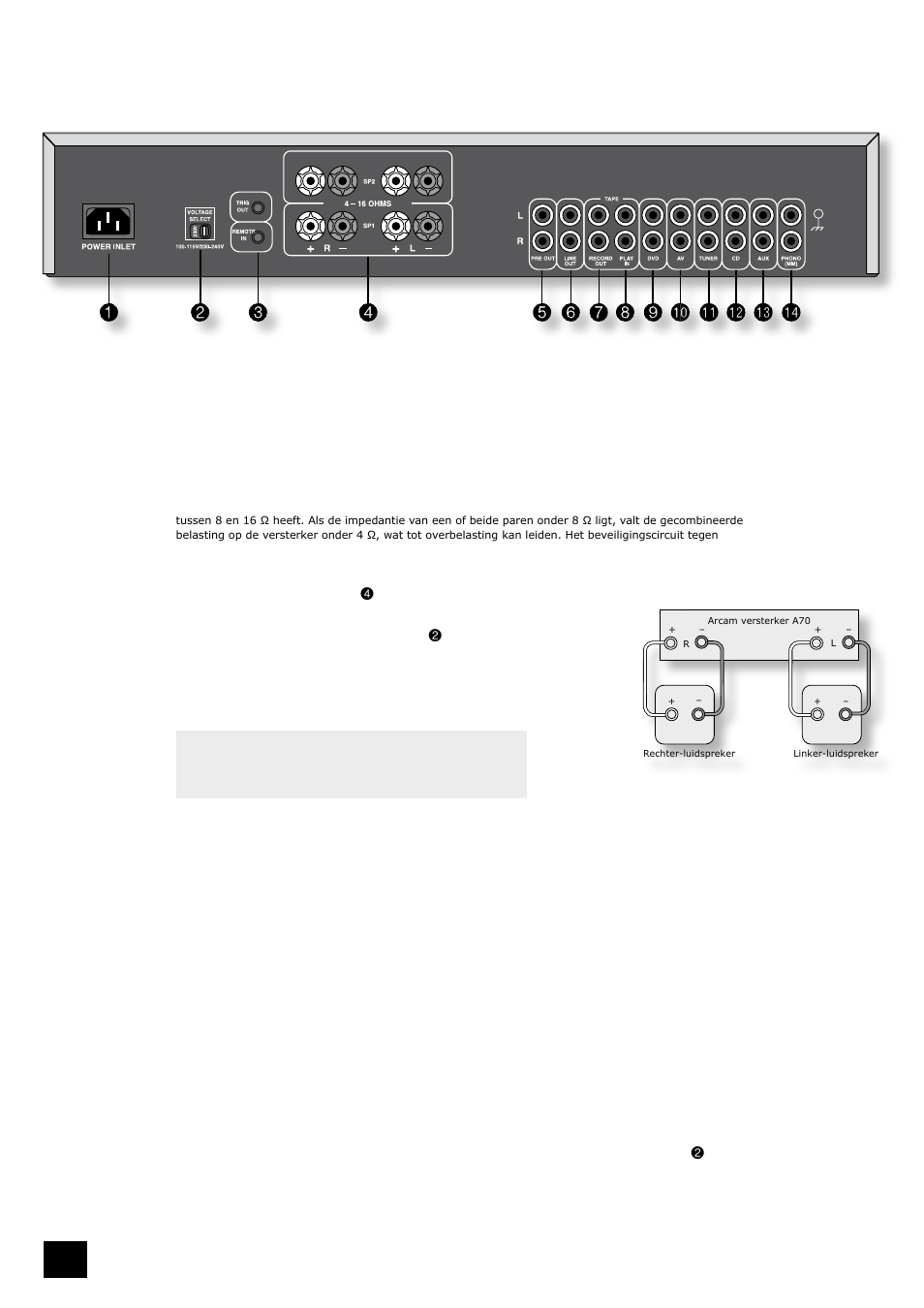 Installatie, De eenheid plaatsen, Aansluiten op luidsprekers | Aansluiting op het lichtnet | Arcam A70 User Manual | Page 42 / 52