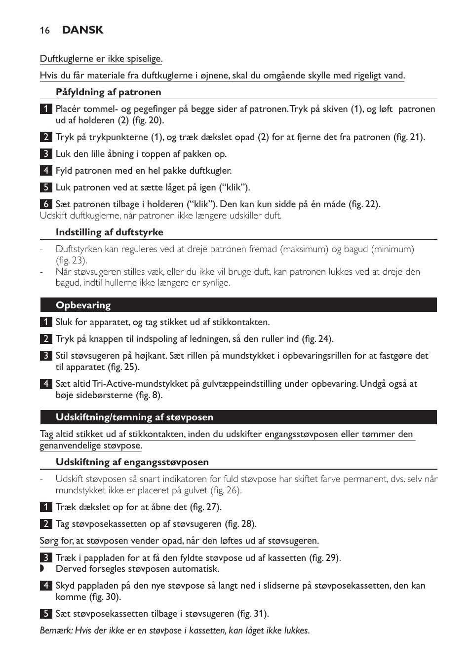 Påfyldning af patronen, Indstilling af duftstyrke, Opbevaring | Udskiftning/tømning af støvposen, Udskiftning af engangsstøvposen | Philips Jewel Aspirateur avec sac User Manual | Page 16 / 104