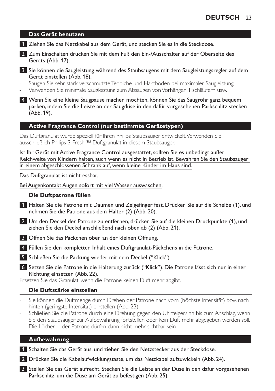 Die duftpatrone füllen, Die duftstärke einstellen, Aufbewahrung | Staubbeutel auswechseln/leeren | Philips Jewel Aspirateur avec sac User Manual | Page 23 / 104