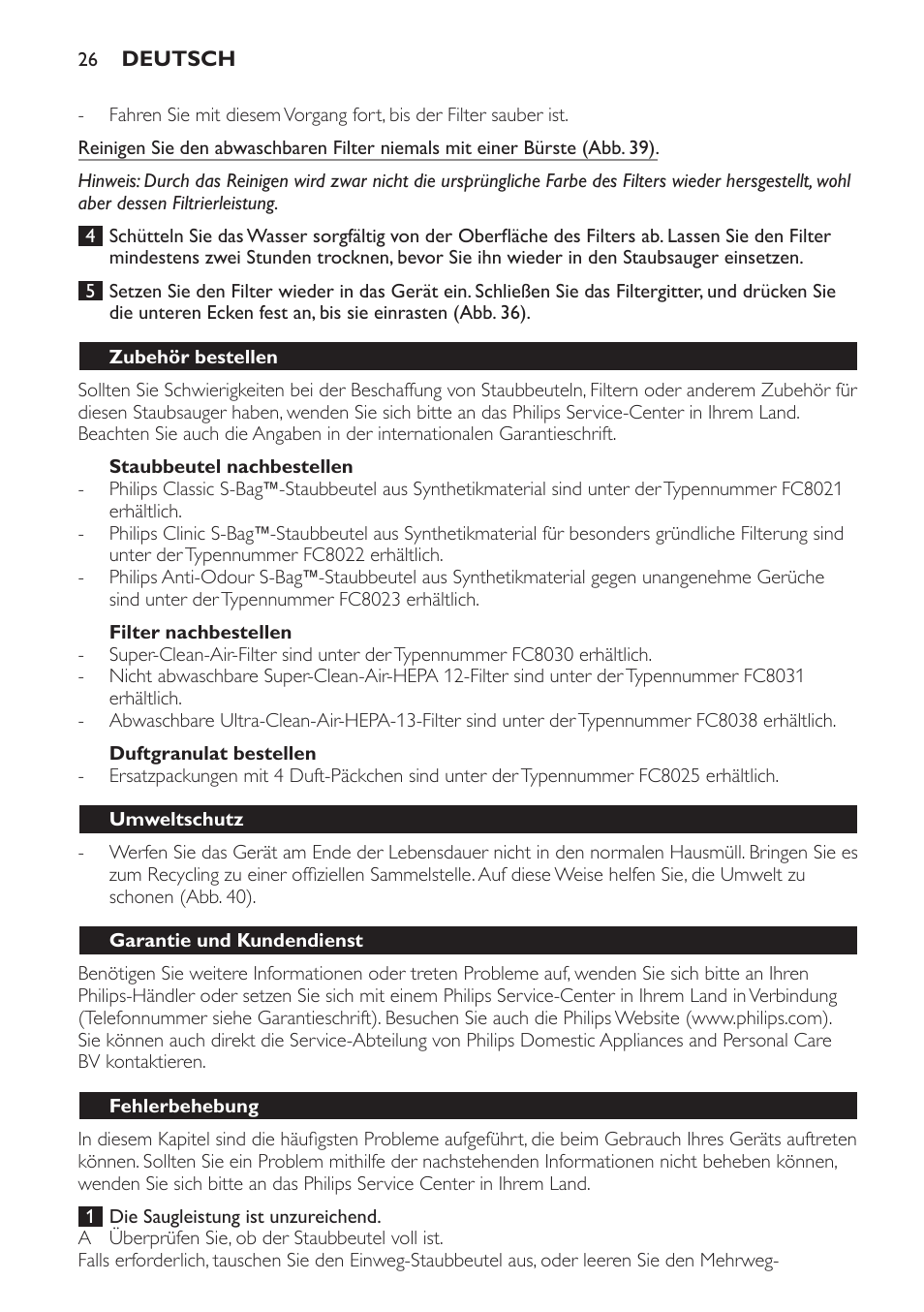 Staubbeutel nachbestellen, Filter nachbestellen, Duftgranulat bestellen | Zubehör bestellen, Umweltschutz, Garantie und kundendienst, Fehlerbehebung | Philips Jewel Aspirateur avec sac User Manual | Page 26 / 104