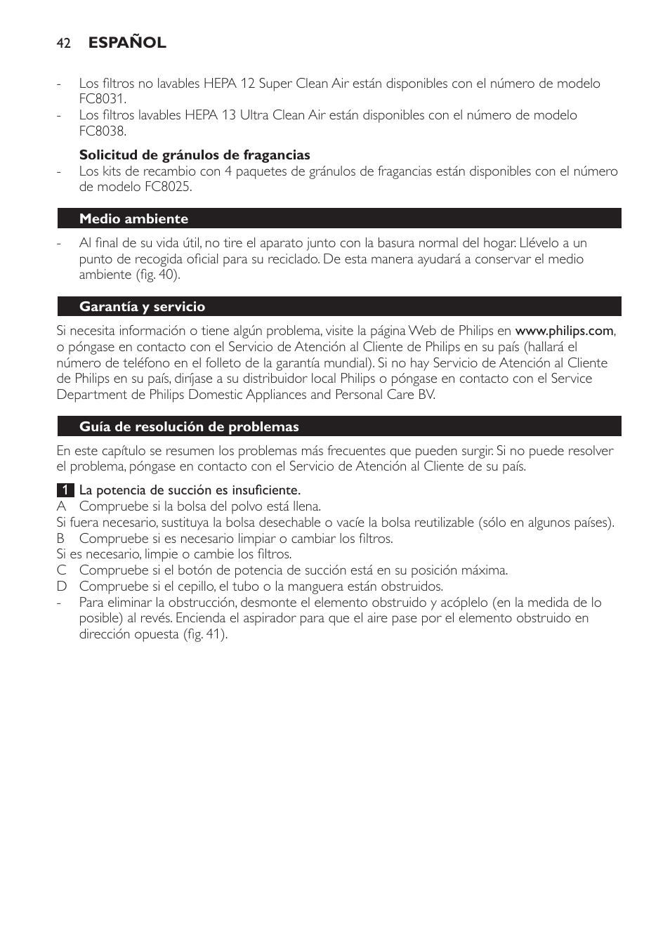 Solicitud de gránulos de fragancias, Medio ambiente, Garantía y servicio | Guía de resolución de problemas | Philips Jewel Aspirateur avec sac User Manual | Page 42 / 104