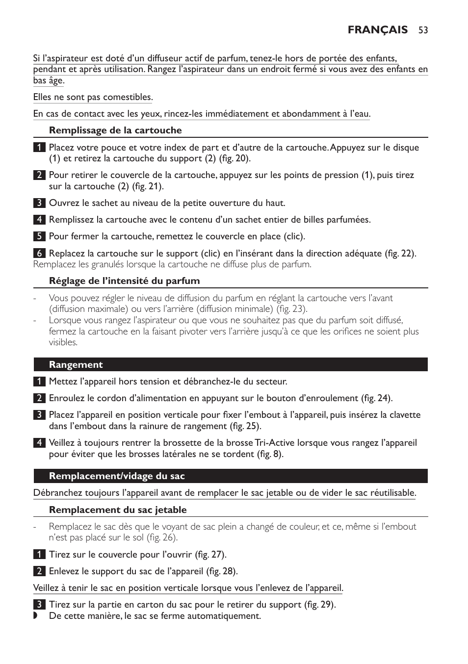 Remplissage de la cartouche, Réglage de l’intensité du parfum, Rangement | Remplacement/vidage du sac, Remplacement du sac jetable | Philips Jewel Aspirateur avec sac User Manual | Page 53 / 104