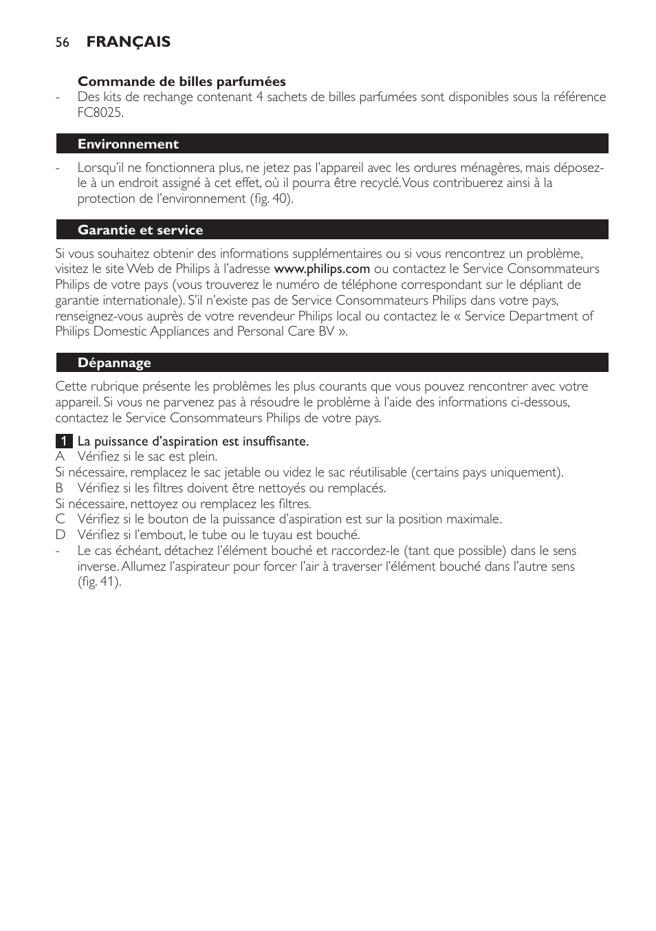 Commande de billes parfumées, Environnement, Garantie et service | Dépannage | Philips Jewel Aspirateur avec sac User Manual | Page 56 / 104