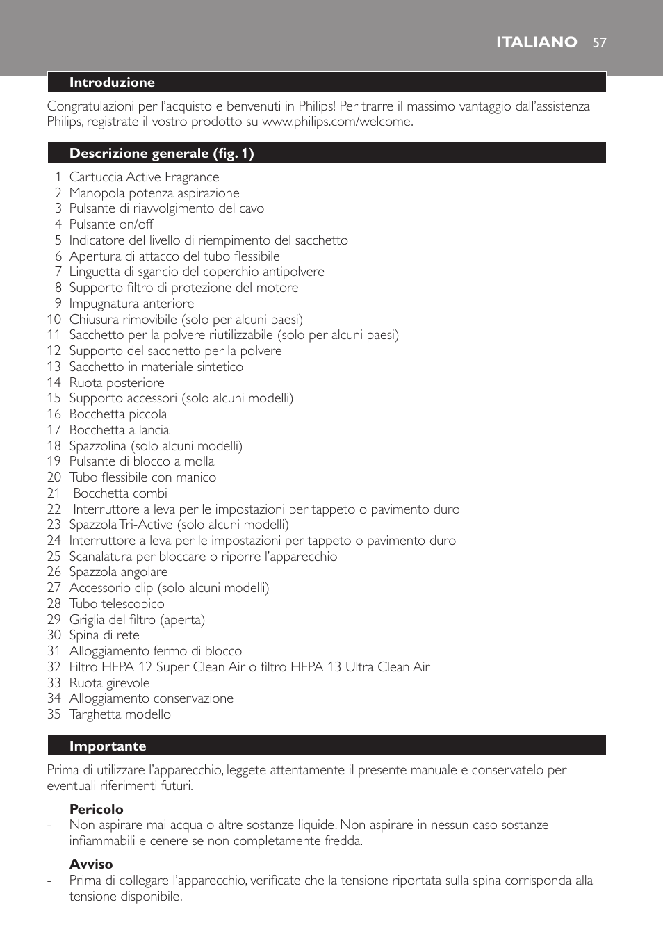 Pericolo, Avviso, Italiano | Introduzione, Descrizione generale (fig. 1), Importante | Philips Jewel Aspirateur avec sac User Manual | Page 57 / 104