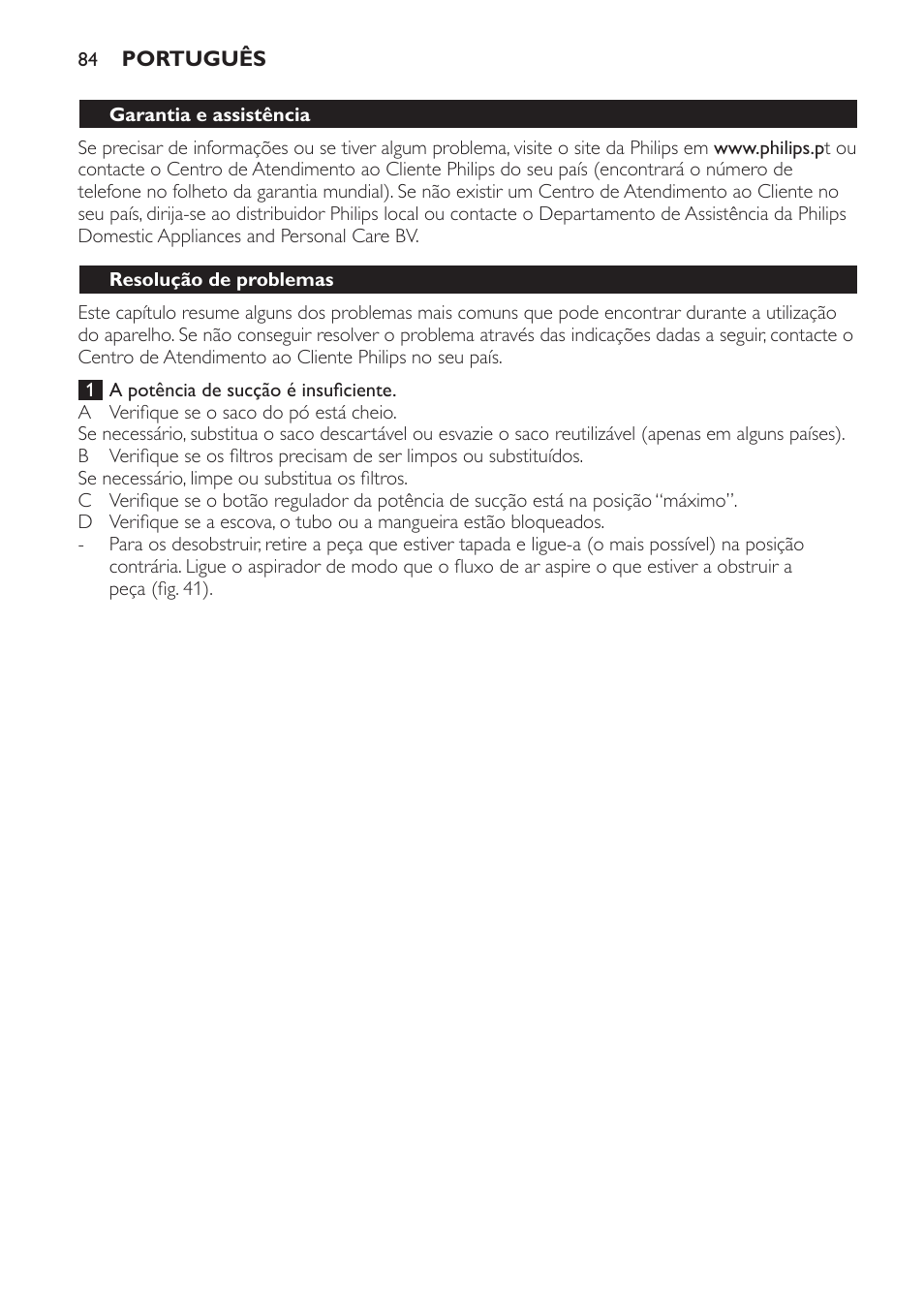 Resolução de problemas | Philips Jewel Aspirateur avec sac User Manual | Page 84 / 104