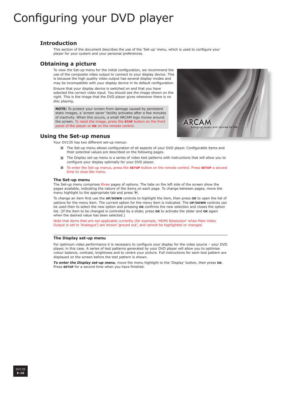 Configuring your dvd player, Introduction, Obtaining a picture | Using the set-up menus | Arcam DV135 User Manual | Page 10 / 24
