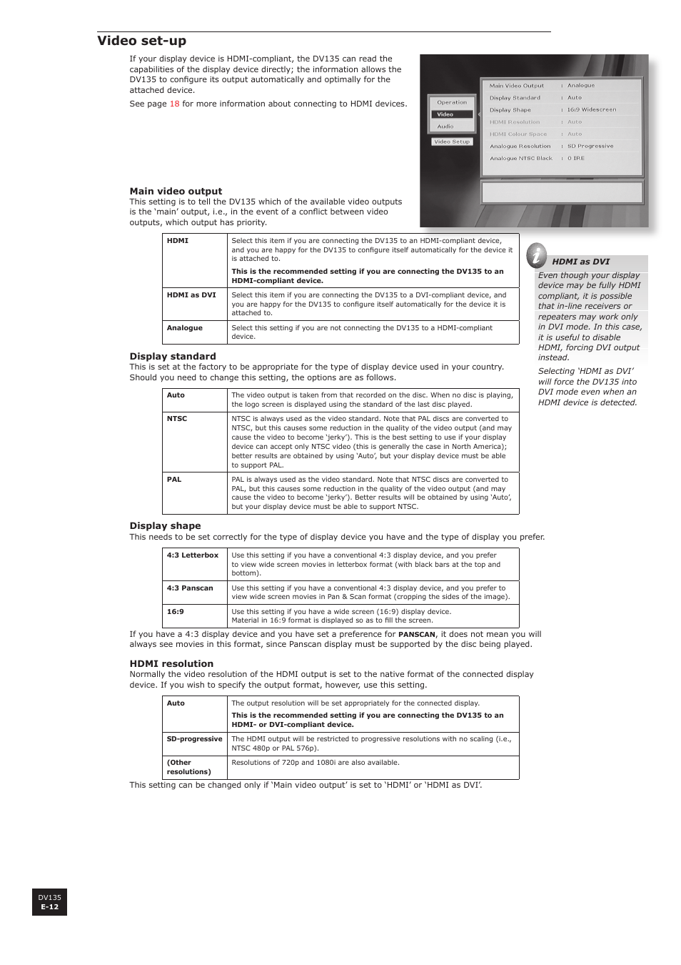 Video set-up | Arcam DV135 User Manual | Page 12 / 24