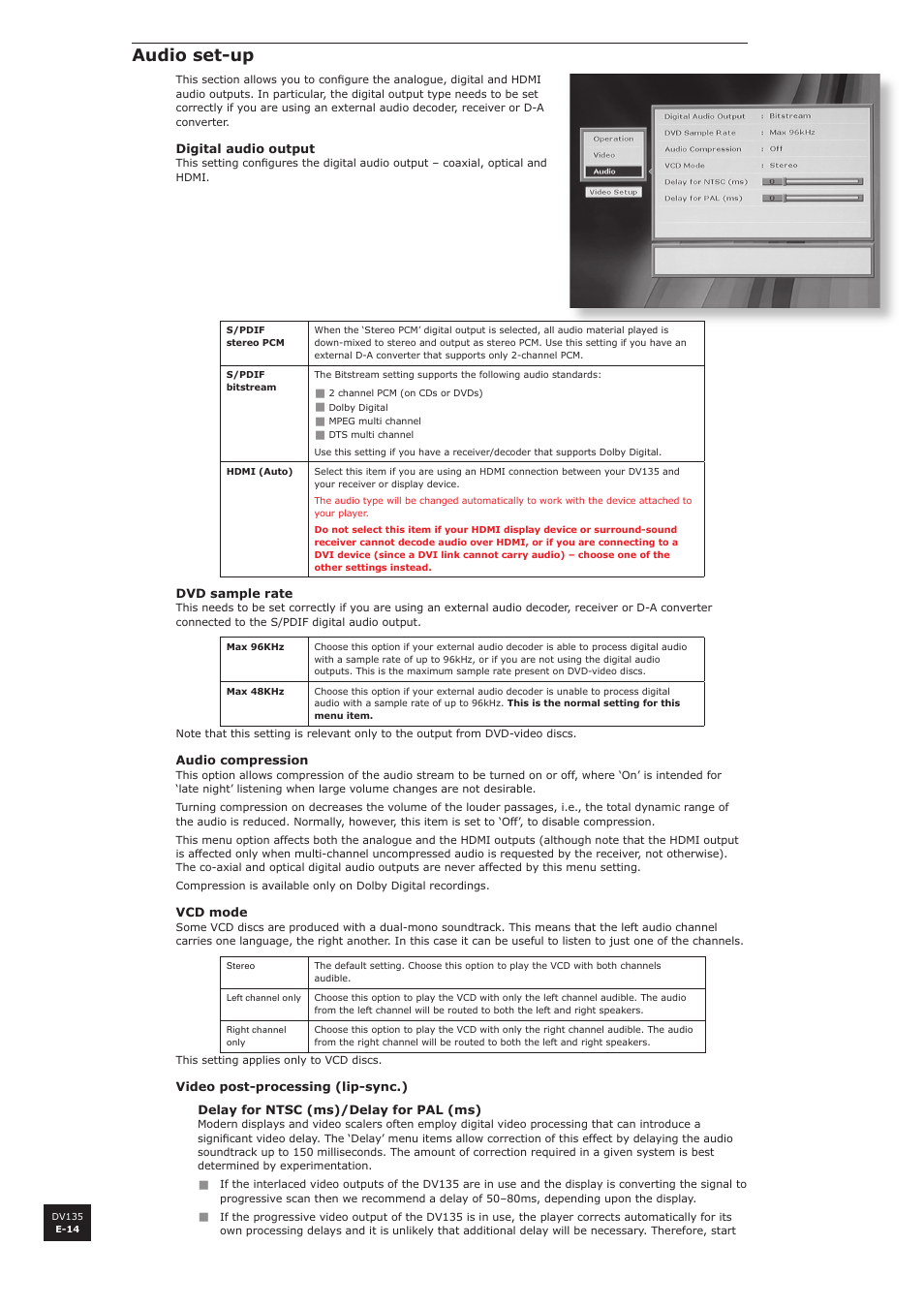 Audio set-up | Arcam DV135 User Manual | Page 14 / 24