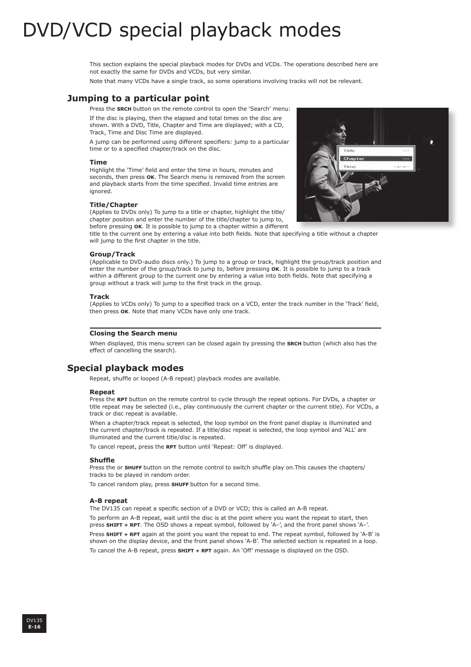Dvd/vcd special playback modes, Jumping to a particular point, Special playback modes | Arcam DV135 User Manual | Page 16 / 24