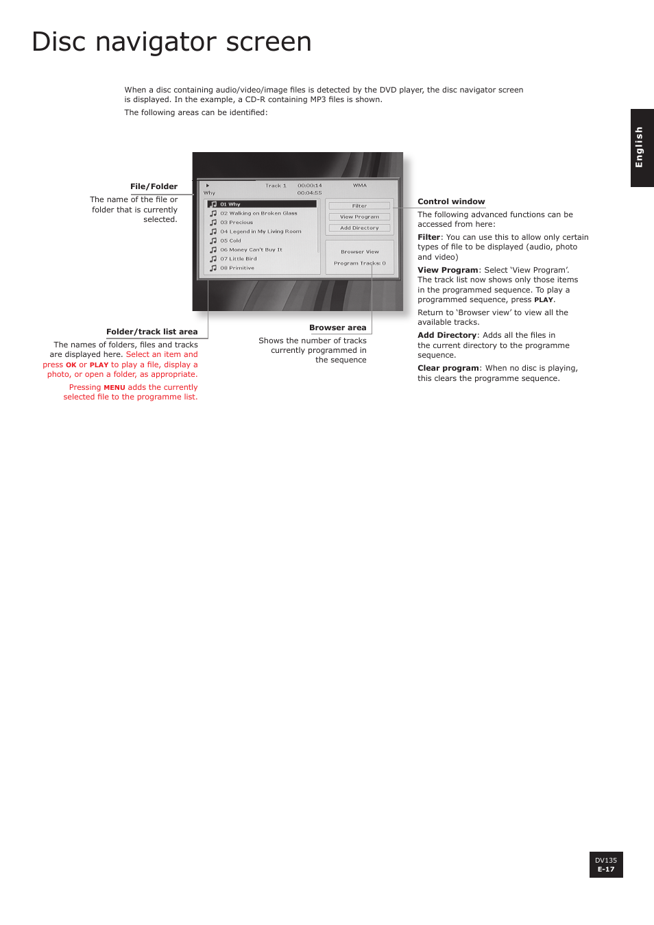 Disc navigator screen | Arcam DV135 User Manual | Page 17 / 24