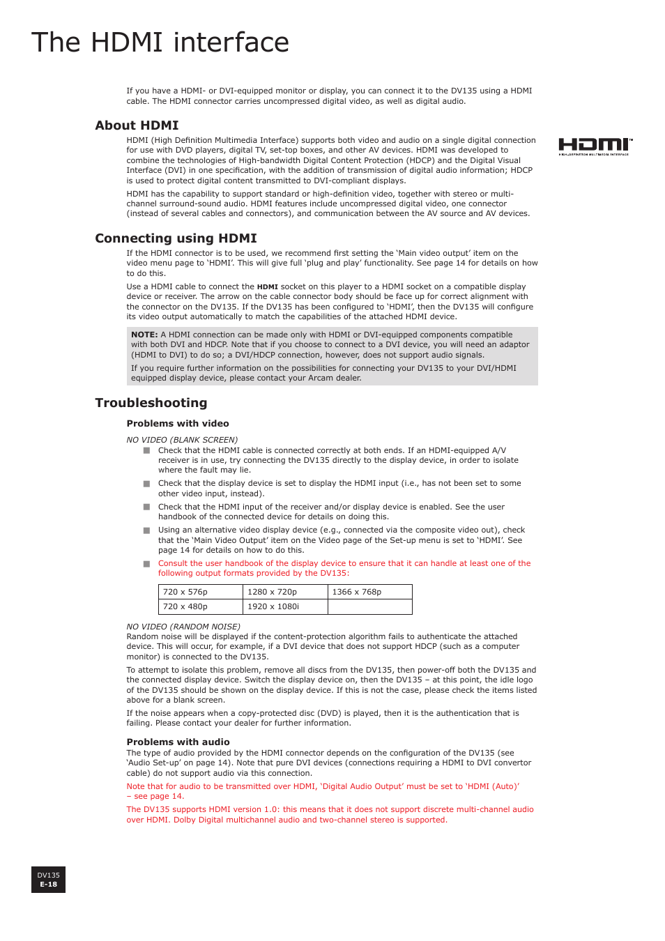 The hdmi interface, About hdmi, Connecting using hdmi | Troubleshooting | Arcam DV135 User Manual | Page 18 / 24