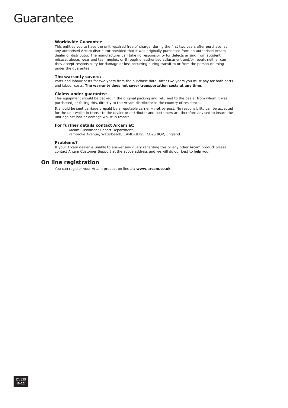 Guarantee, On line registration | Arcam DV135 User Manual | Page 22 / 24