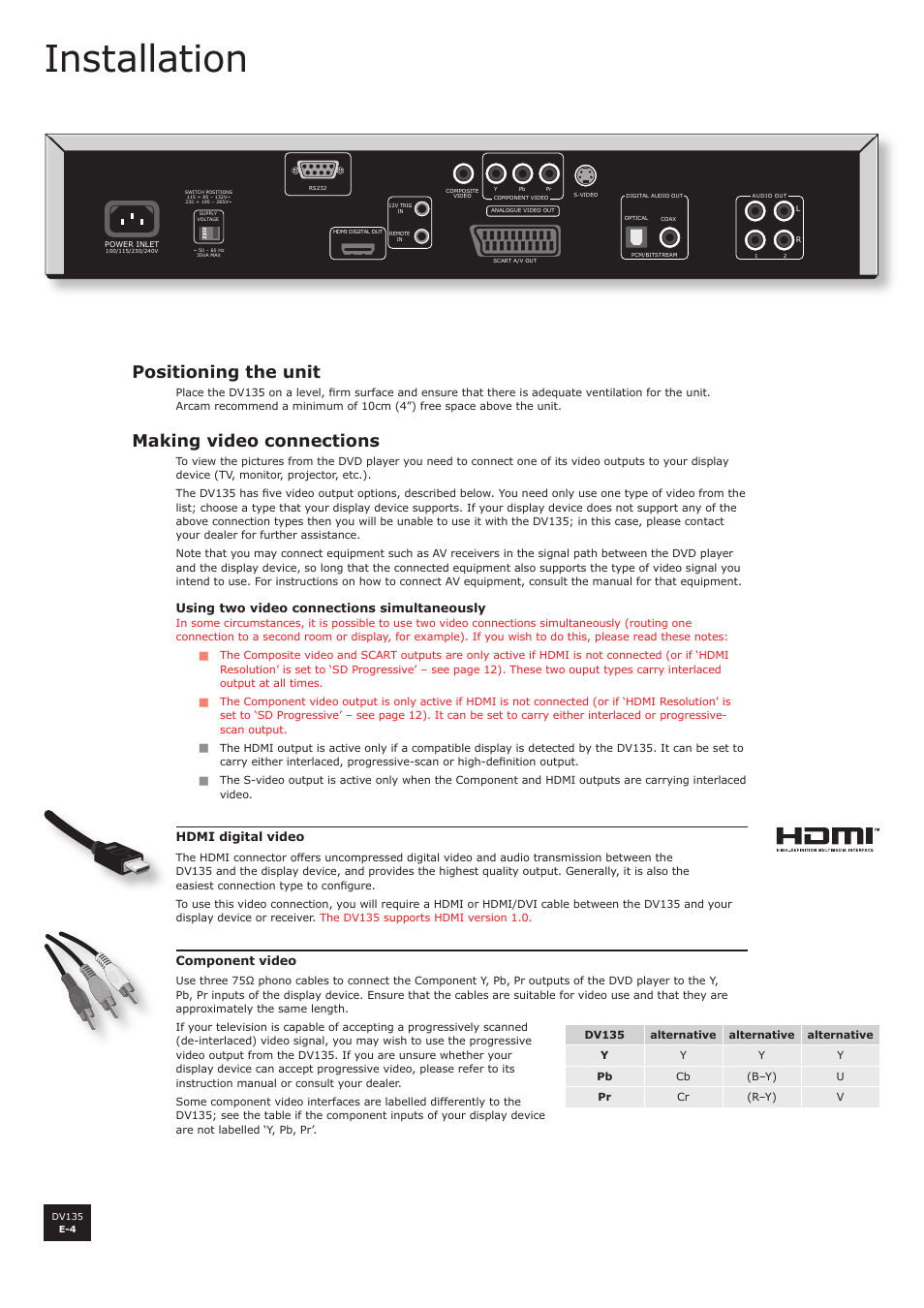 Installation, Positioning the unit, Making video connections | Arcam DV135 User Manual | Page 4 / 24