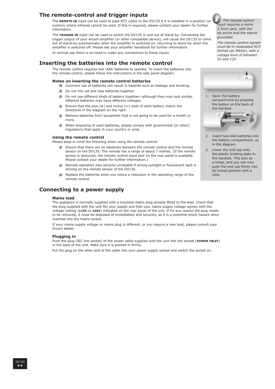 The remote-control and trigger inputs, Inserting the batteries into the remote control, Connecting to a power supply | Arcam DV135 User Manual | Page 6 / 24