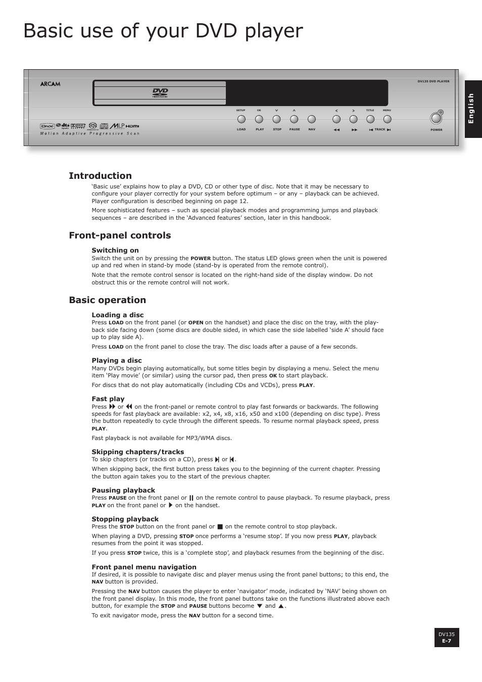 Basic use of your dvd player, Introduction, Front-panel controls | Basic operation | Arcam DV135 User Manual | Page 7 / 24