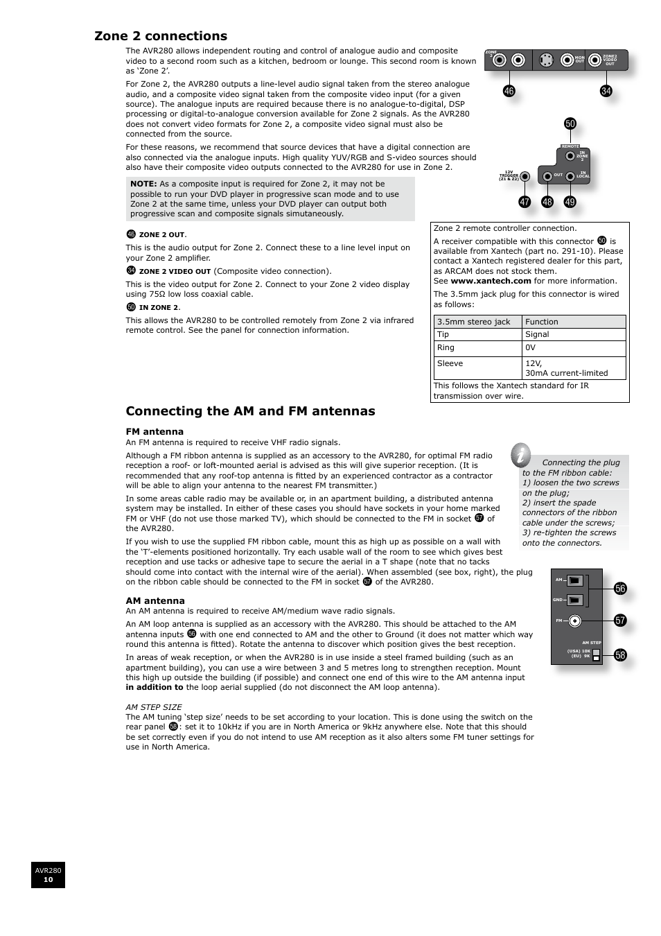 Zone 2 connections, Connecting the am and fm antennas | Arcam AVR280 User Manual | Page 10 / 38
