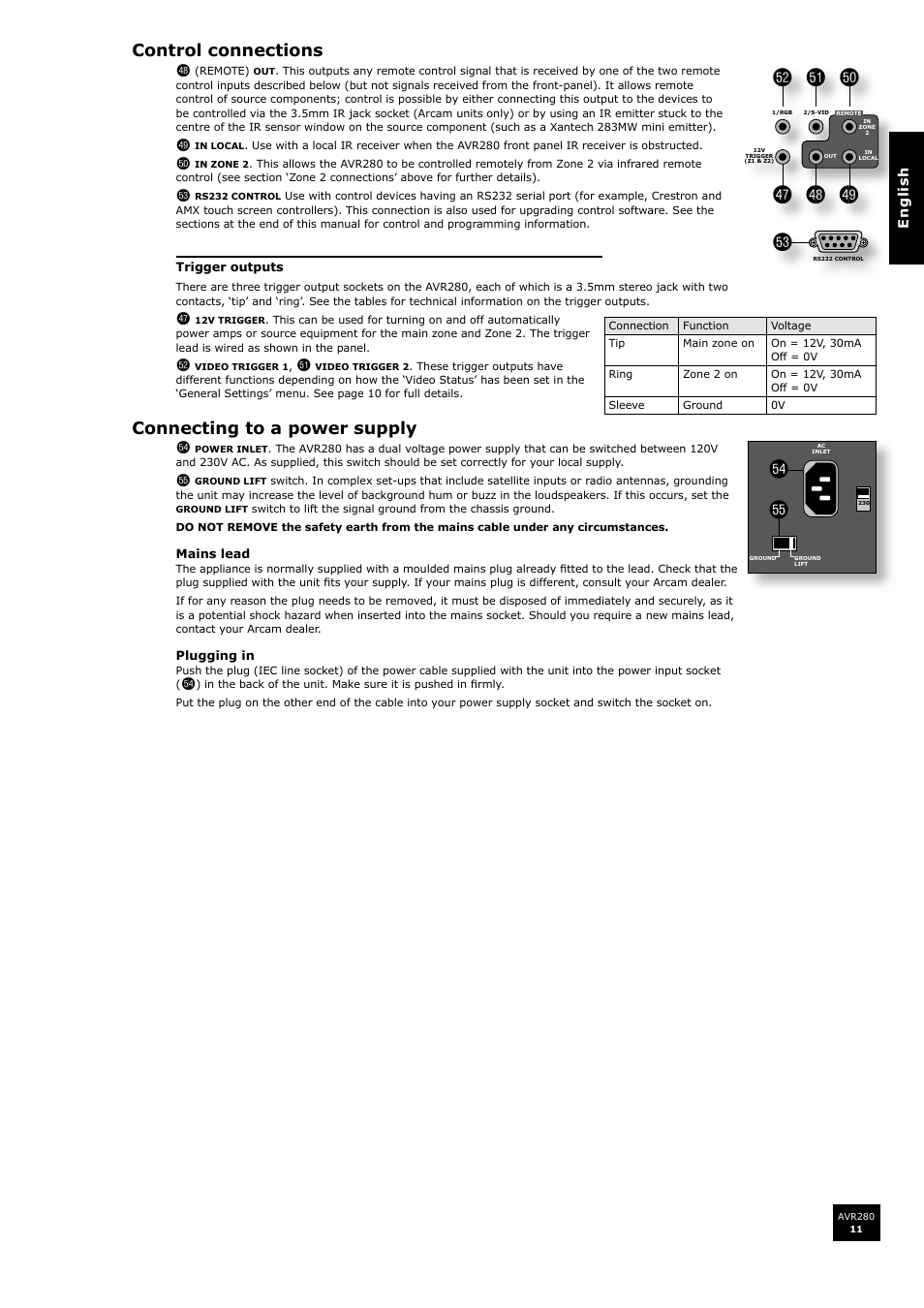 Control connections es, Connecting to a power supply fo | Arcam AVR280 User Manual | Page 11 / 38