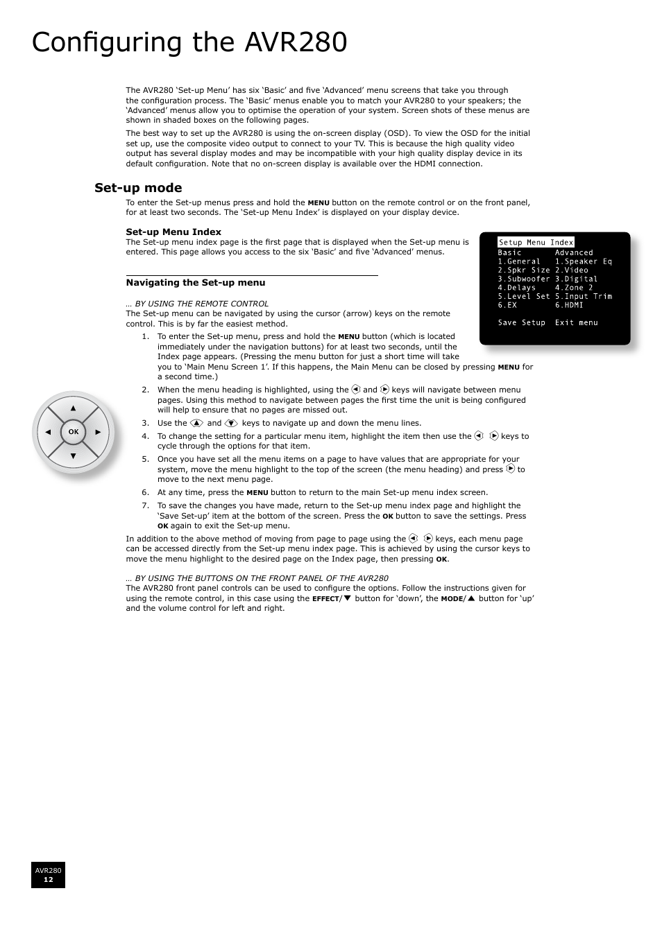 Configuring the avr280, Set-up mode | Arcam AVR280 User Manual | Page 12 / 38