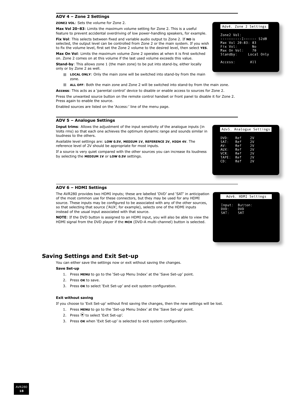 Saving settings and exit set-up | Arcam AVR280 User Manual | Page 18 / 38