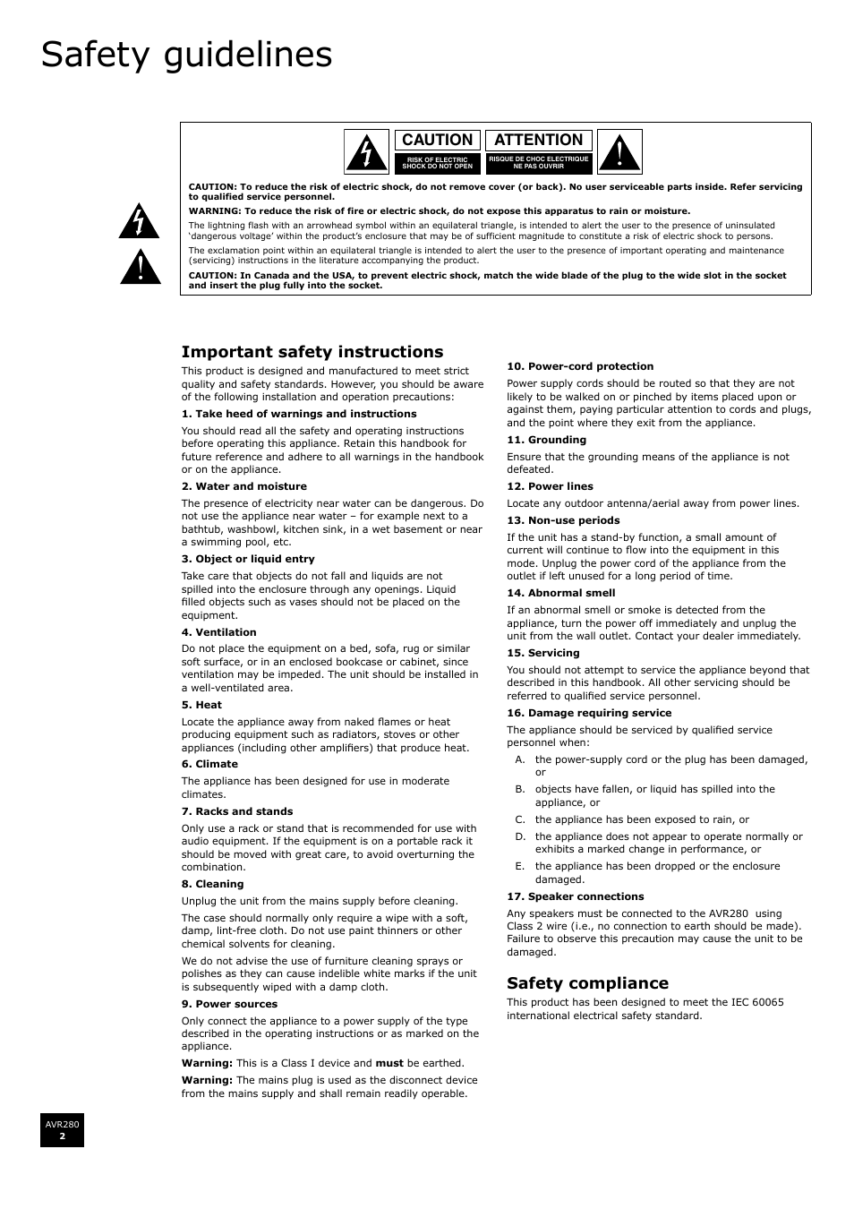 Safety guidelines, Attention caution, Important safety instructions | Safety compliance | Arcam AVR280 User Manual | Page 2 / 38