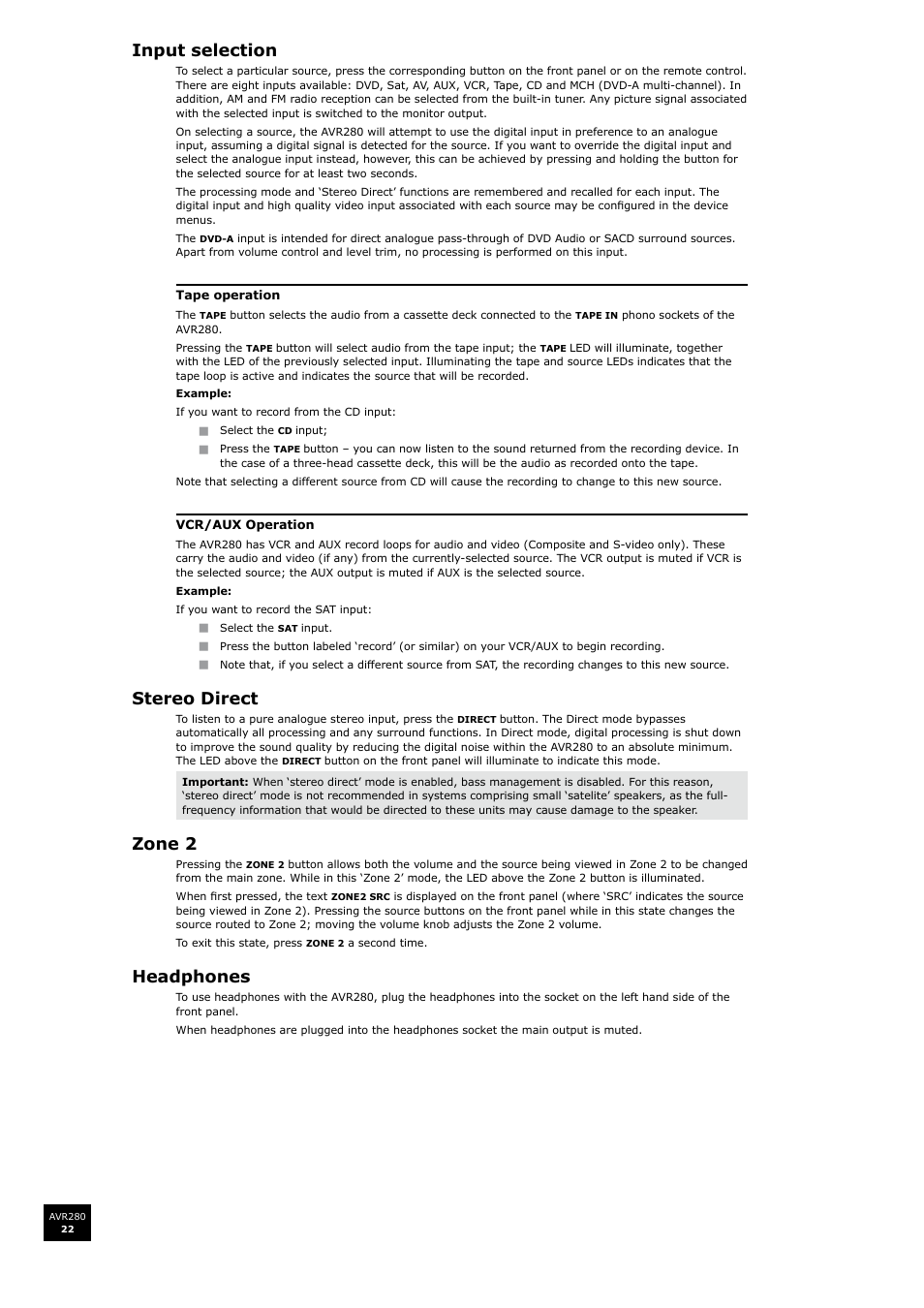 Input selection, Stereo direct, Zone 2 | Headphones | Arcam AVR280 User Manual | Page 22 / 38