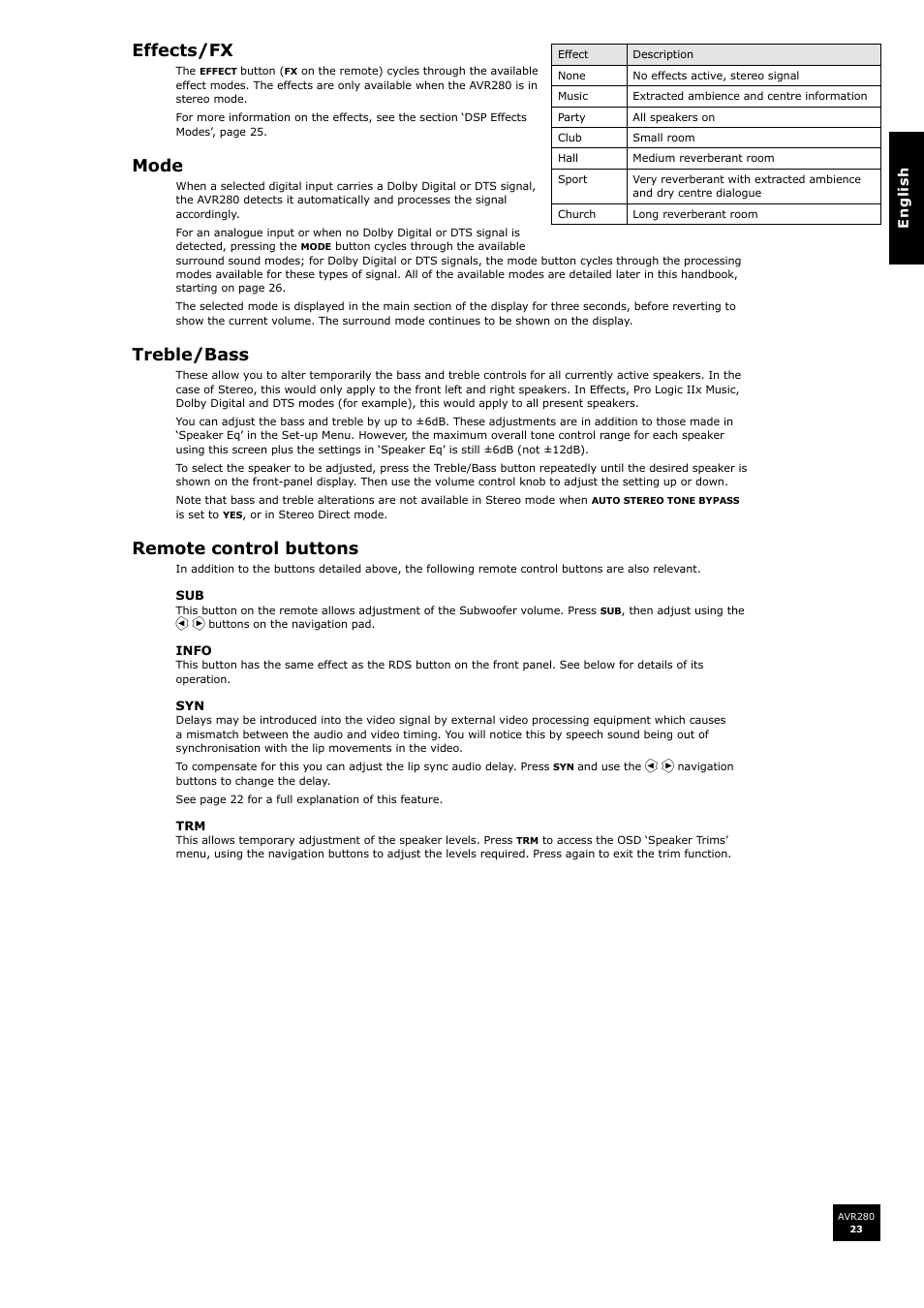 Effects/fx, Mode, Treble/bass | Remote control buttons | Arcam AVR280 User Manual | Page 23 / 38