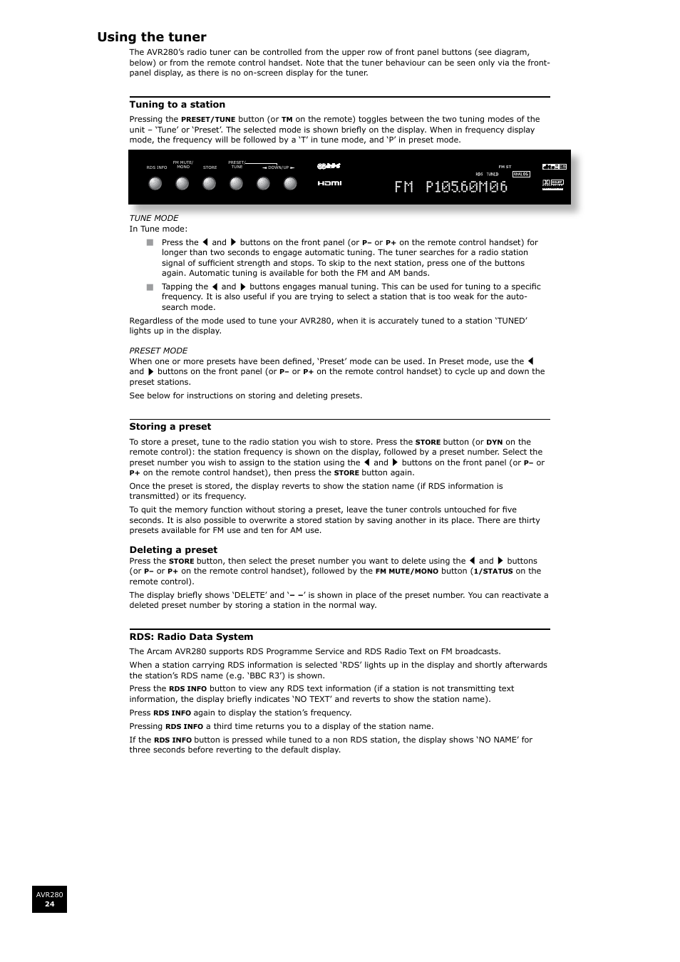 Using the tuner | Arcam AVR280 User Manual | Page 24 / 38