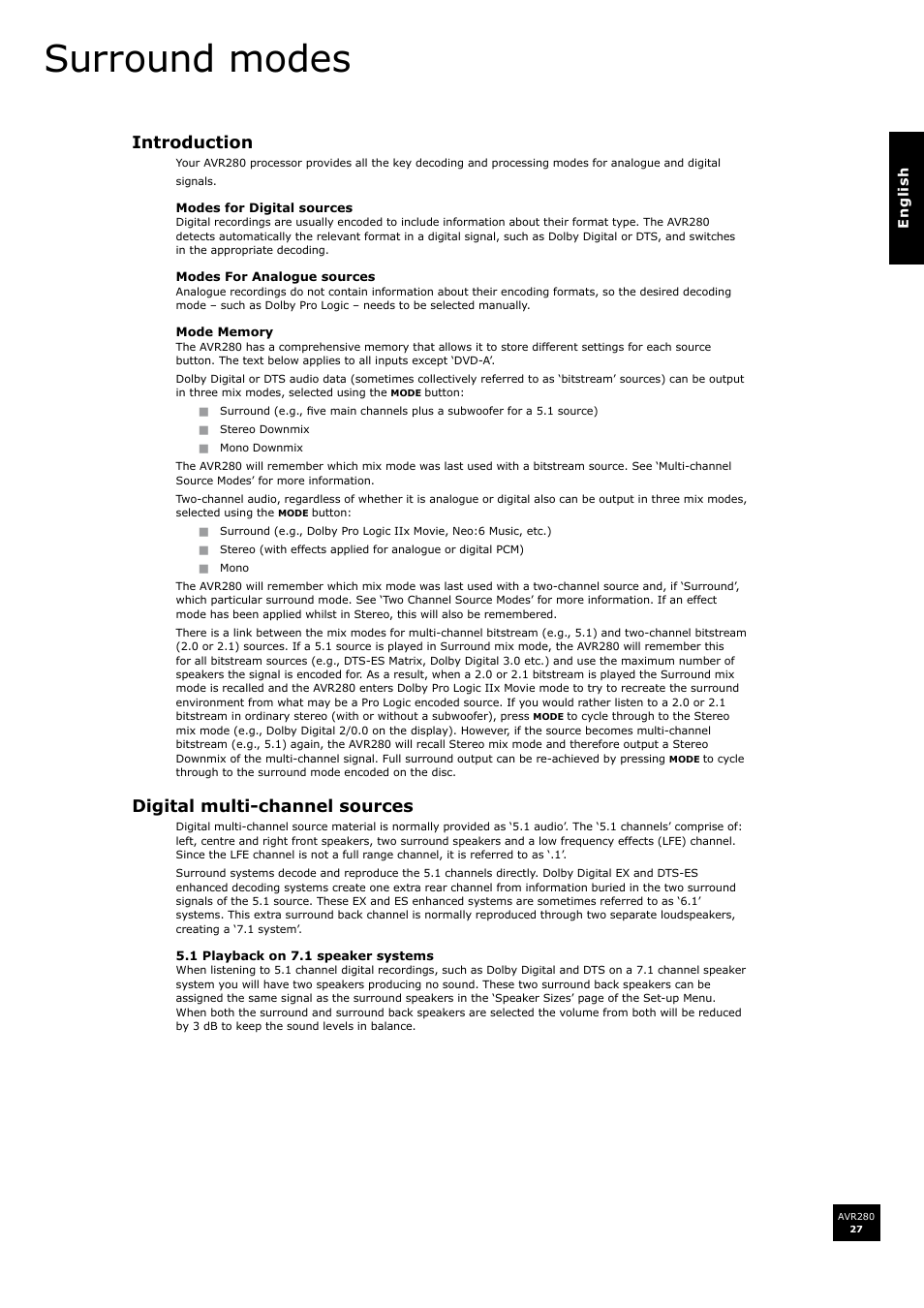 Surround modes, Introduction, Digital multi-channel sources | Arcam AVR280 User Manual | Page 27 / 38