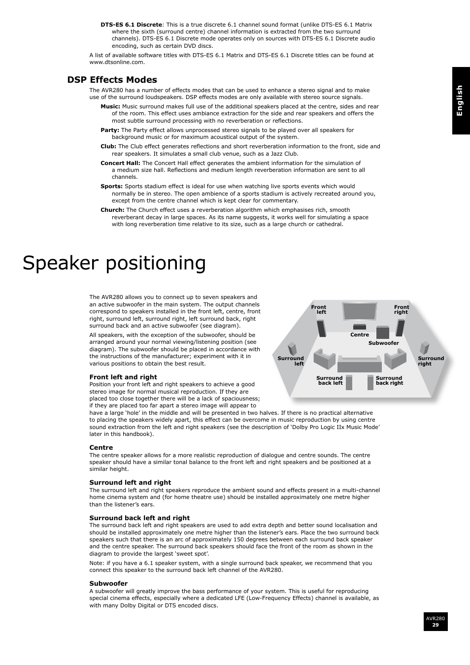 Speaker positioning, Dsp effects modes | Arcam AVR280 User Manual | Page 29 / 38
