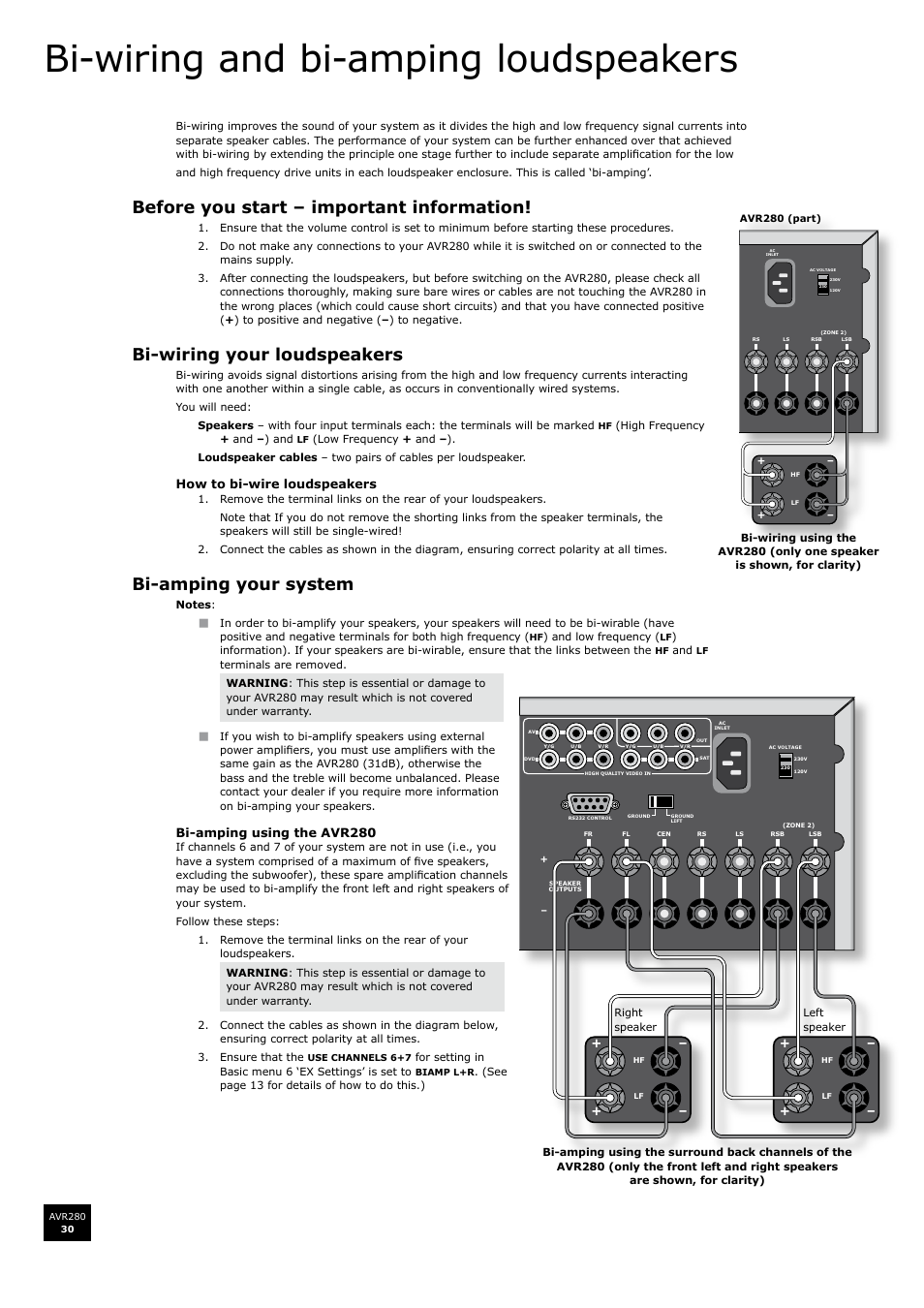 Bi-wiring and bi-amping loudspeakers, Before you start – important information, Bi-wiring your loudspeakers | Bi-amping your system | Arcam AVR280 User Manual | Page 30 / 38