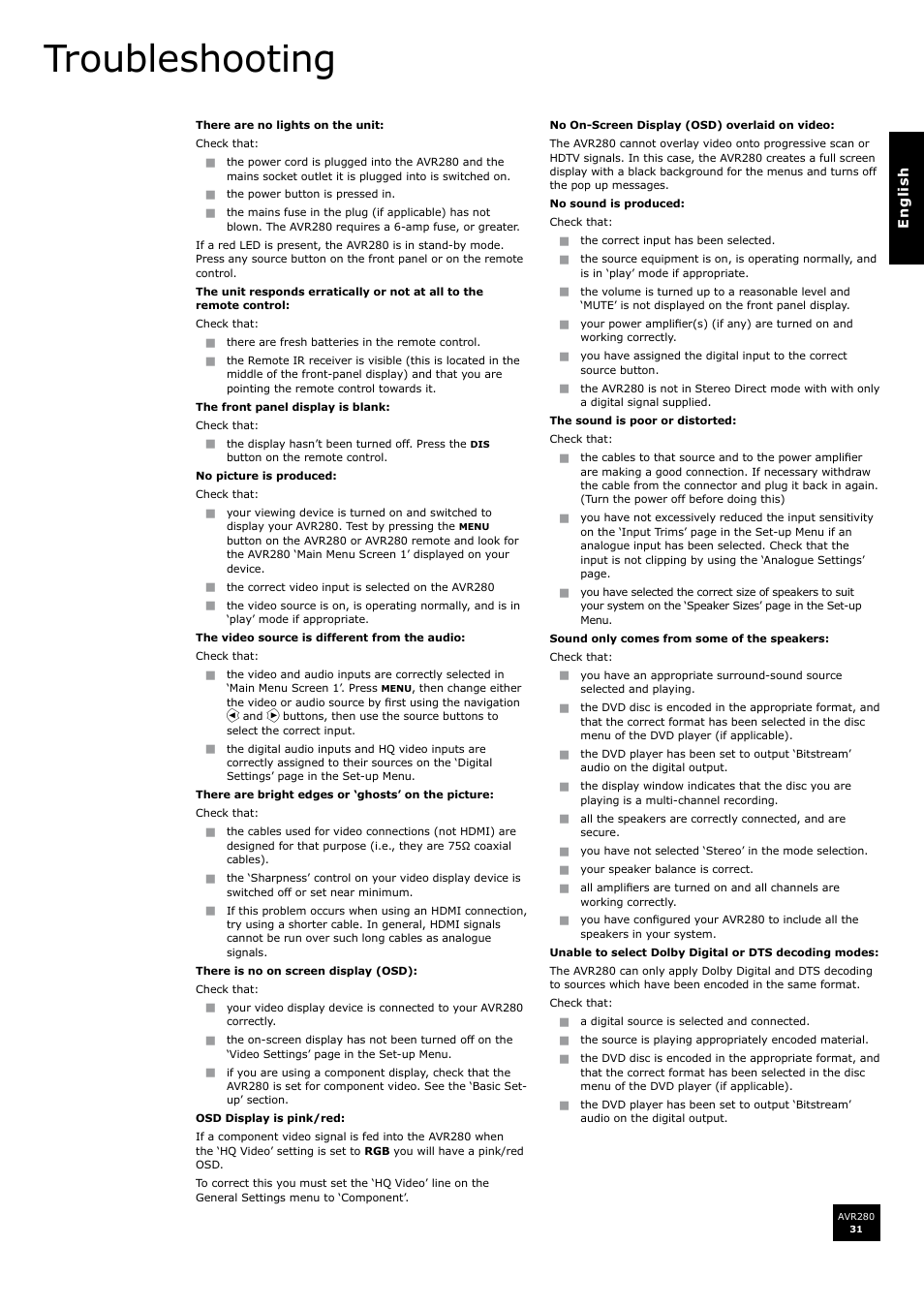 Troubleshooting | Arcam AVR280 User Manual | Page 31 / 38