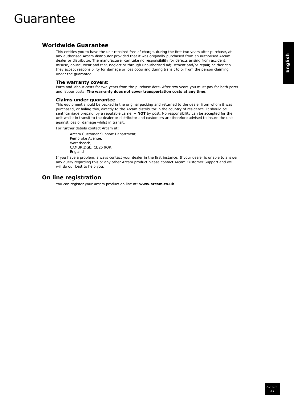 Guarantee | Arcam AVR280 User Manual | Page 37 / 38