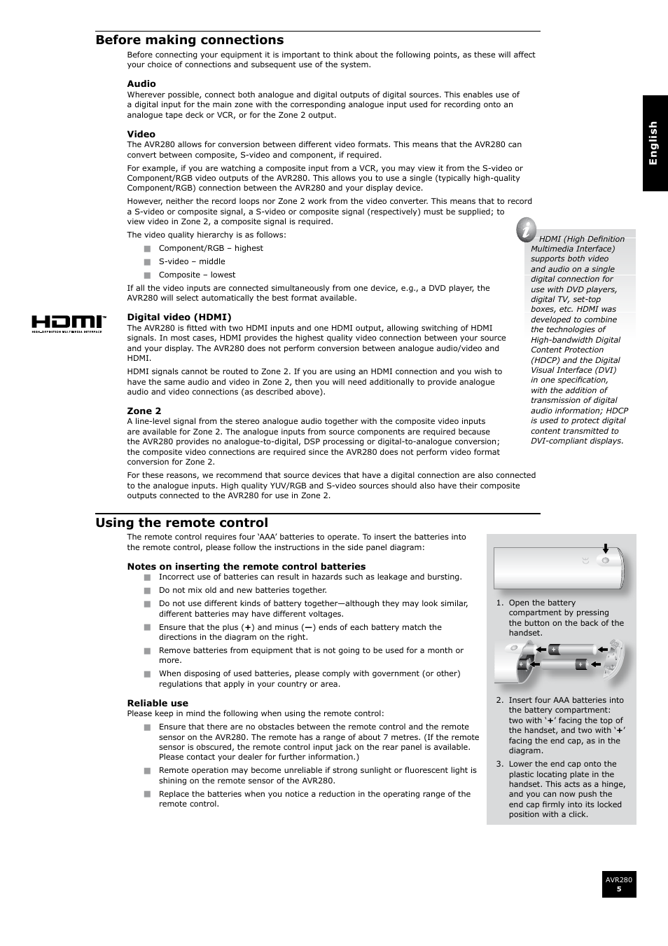 Before making connections, Using the remote control | Arcam AVR280 User Manual | Page 5 / 38