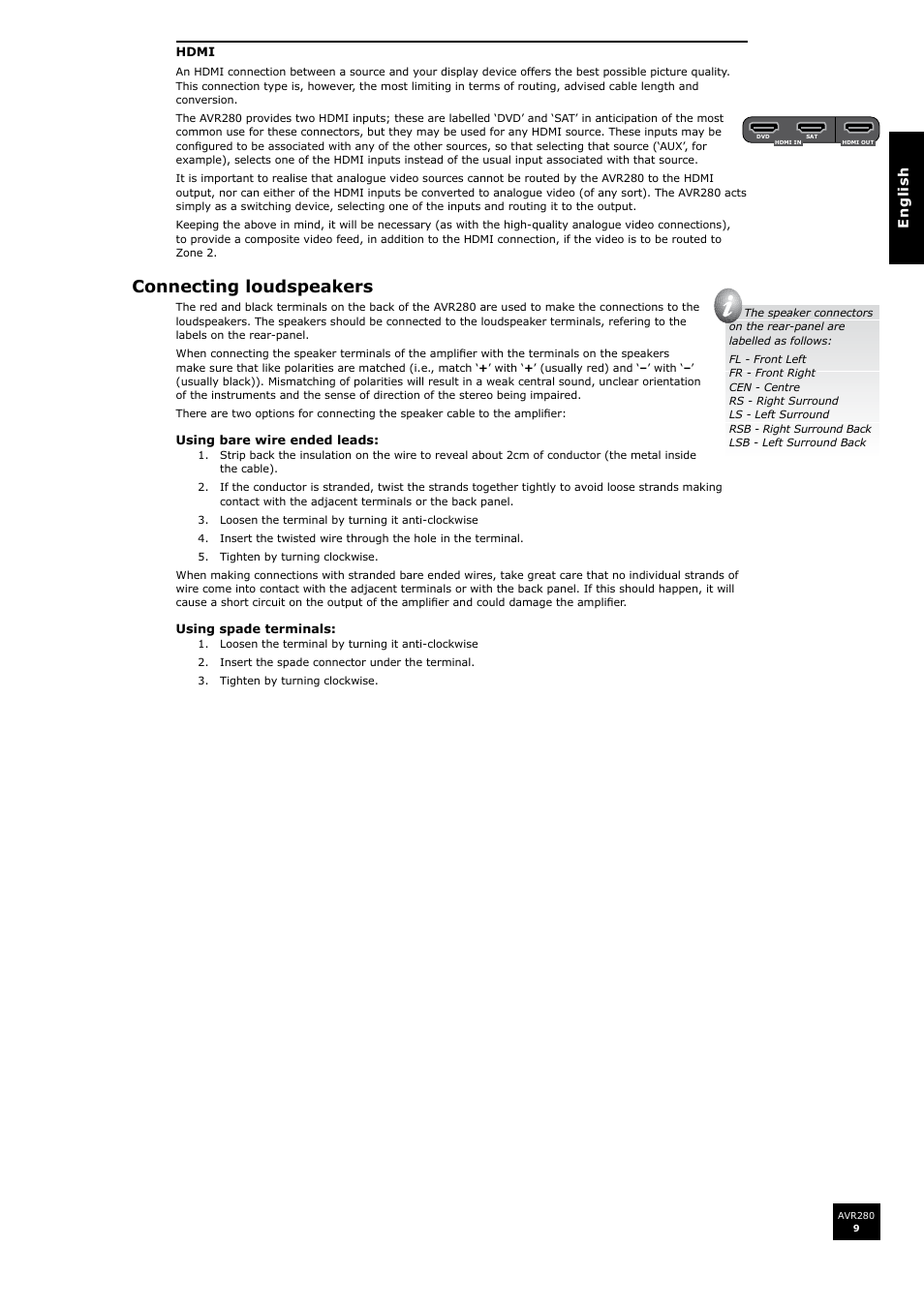 Connecting loudspeakers | Arcam AVR280 User Manual | Page 9 / 38