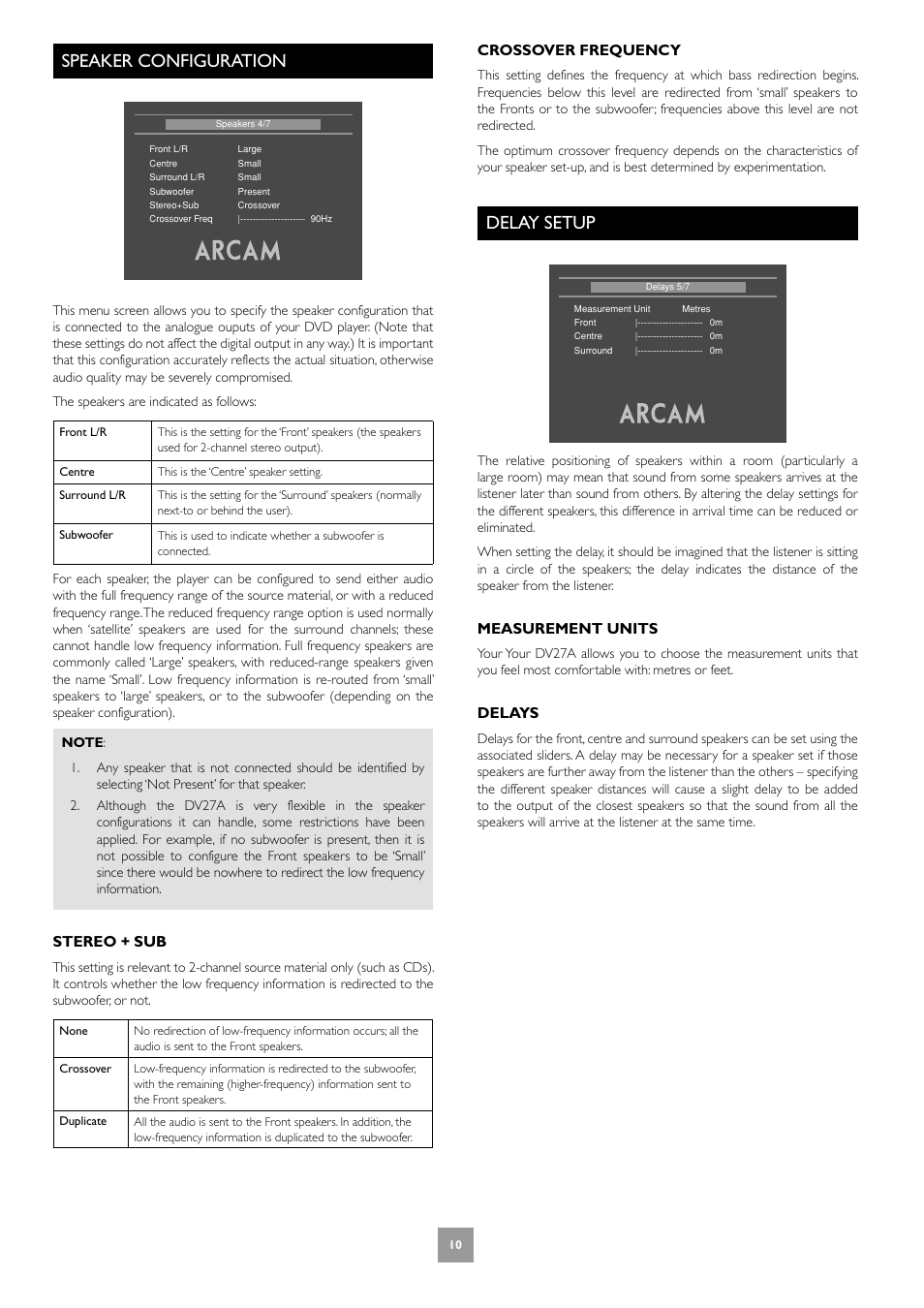 Speaker configuration, Delay setup, 10 delay setup | Stereo + sub, Crossover frequency, Measurement units, Delays | Arcam DV27A User Manual | Page 10 / 100