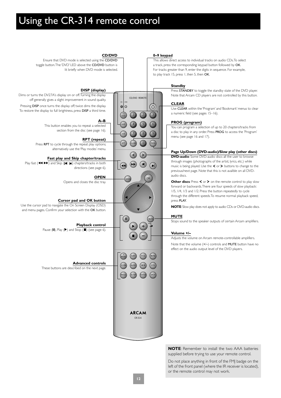 Using the cr-314 remote control | Arcam DV27A User Manual | Page 12 / 100