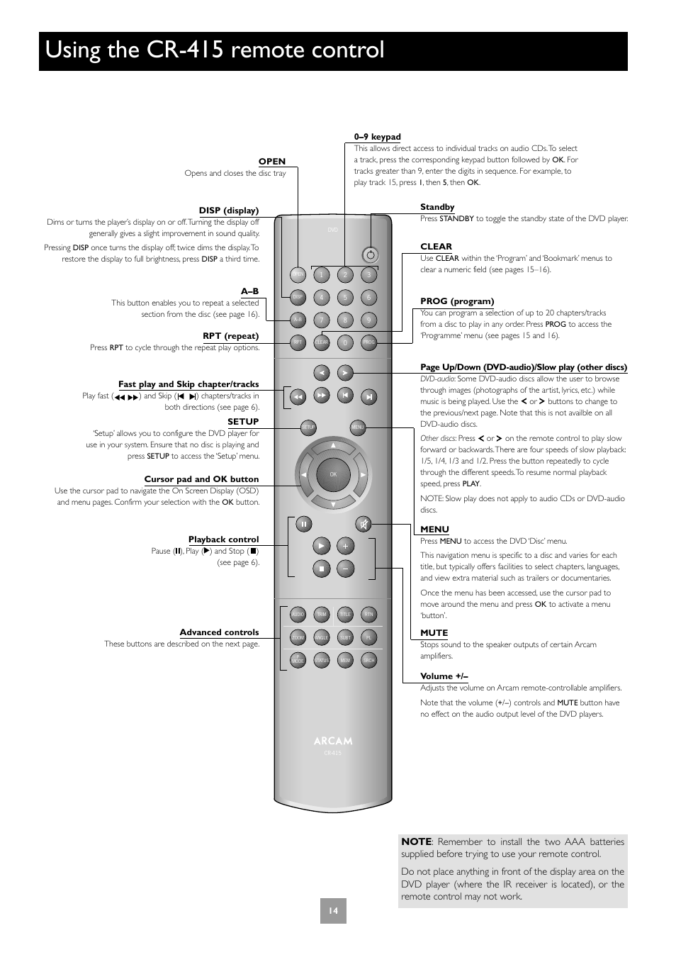 Using the cr-415 remote control | Arcam DV27A User Manual | Page 14 / 100
