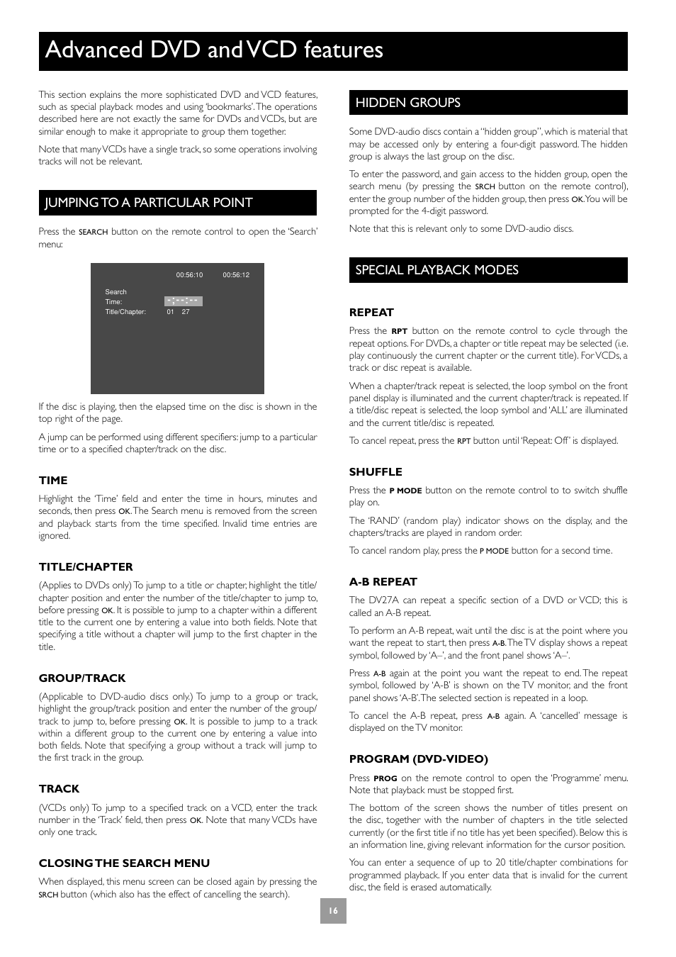 Advanced dvd and vcd features, Jumping to a particular point, Hidden groups | Special playback modes, 16 hidden groups, 16 special playback modes | Arcam DV27A User Manual | Page 16 / 100